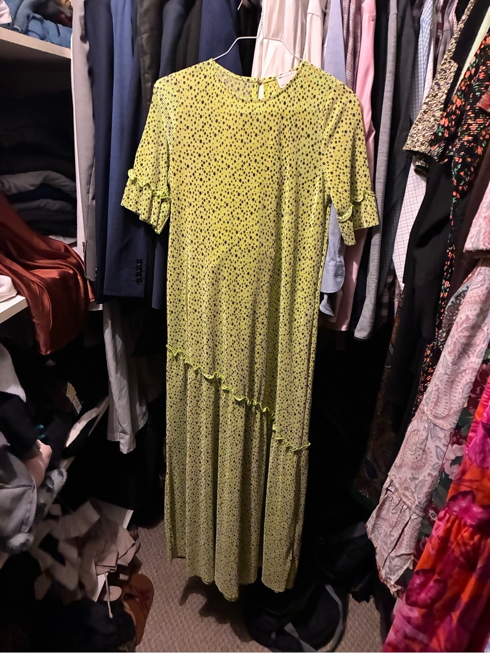 ASOS Lime Green Ruffle-Trim Maxi Dress with Black Dot Print